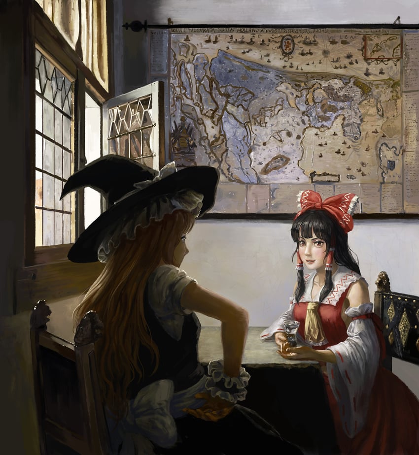 hat, hakurei reimu, and kirisame marisa (touhou) by amibazh