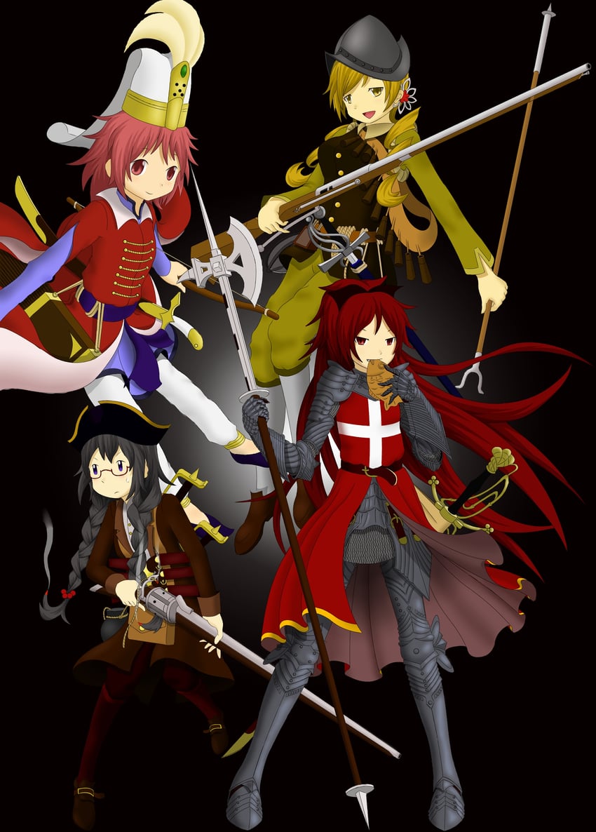 kaname madoka, akemi homura, sakura kyoko, knight, and edward teach (mahou shoujo madoka magica) by na_mo_naki_entaku_no_karasu